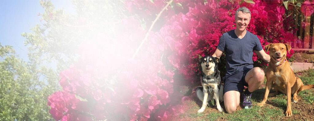 Man Kneeling Outdoors with Two Dogs in Front of Bright Pink Flowering Bushes