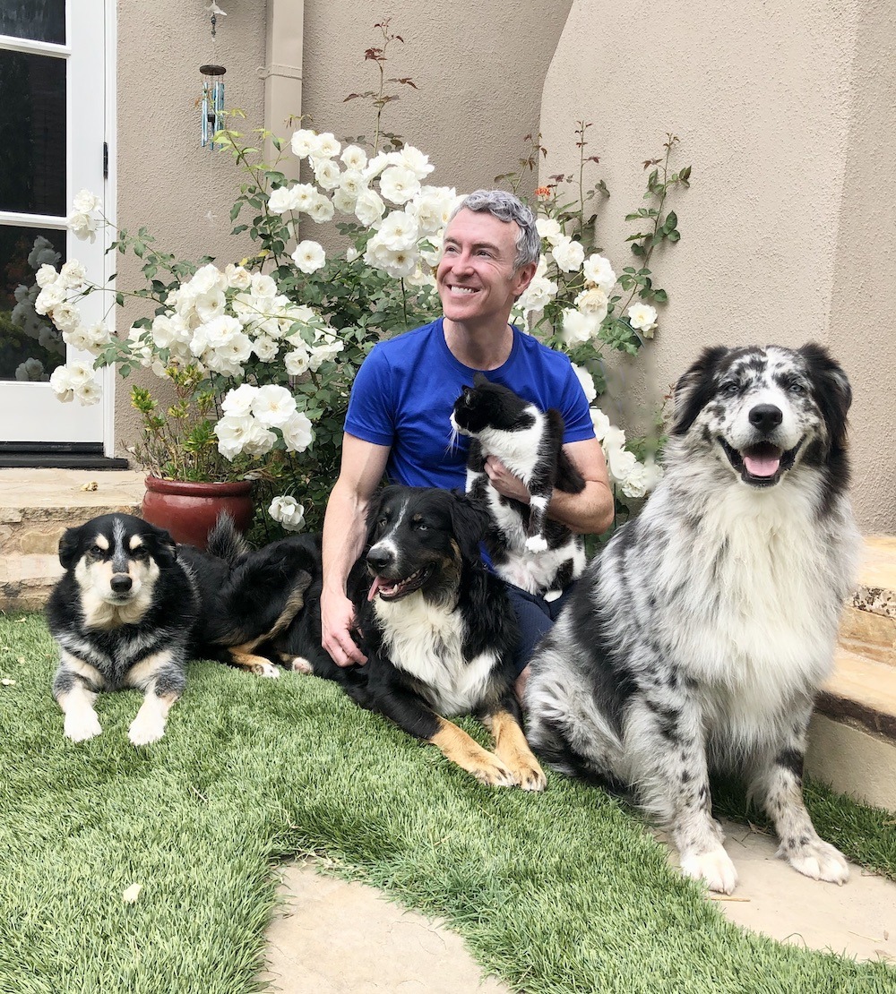 Man Sitting on Grass with Three Dogs in a Garden
