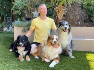 A man in a yellow shirt sits on grass beside three happy dogs, including a black and brown dog, a tan dog, and a gray dog. The image captures a joyful moment in a lush garden.