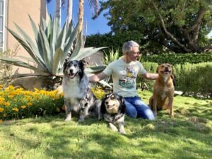 Man sitting on grass with three happy dogs, surrounded by vibrant flowers and greenery. The setting suggests a joyful outdoor family moment.